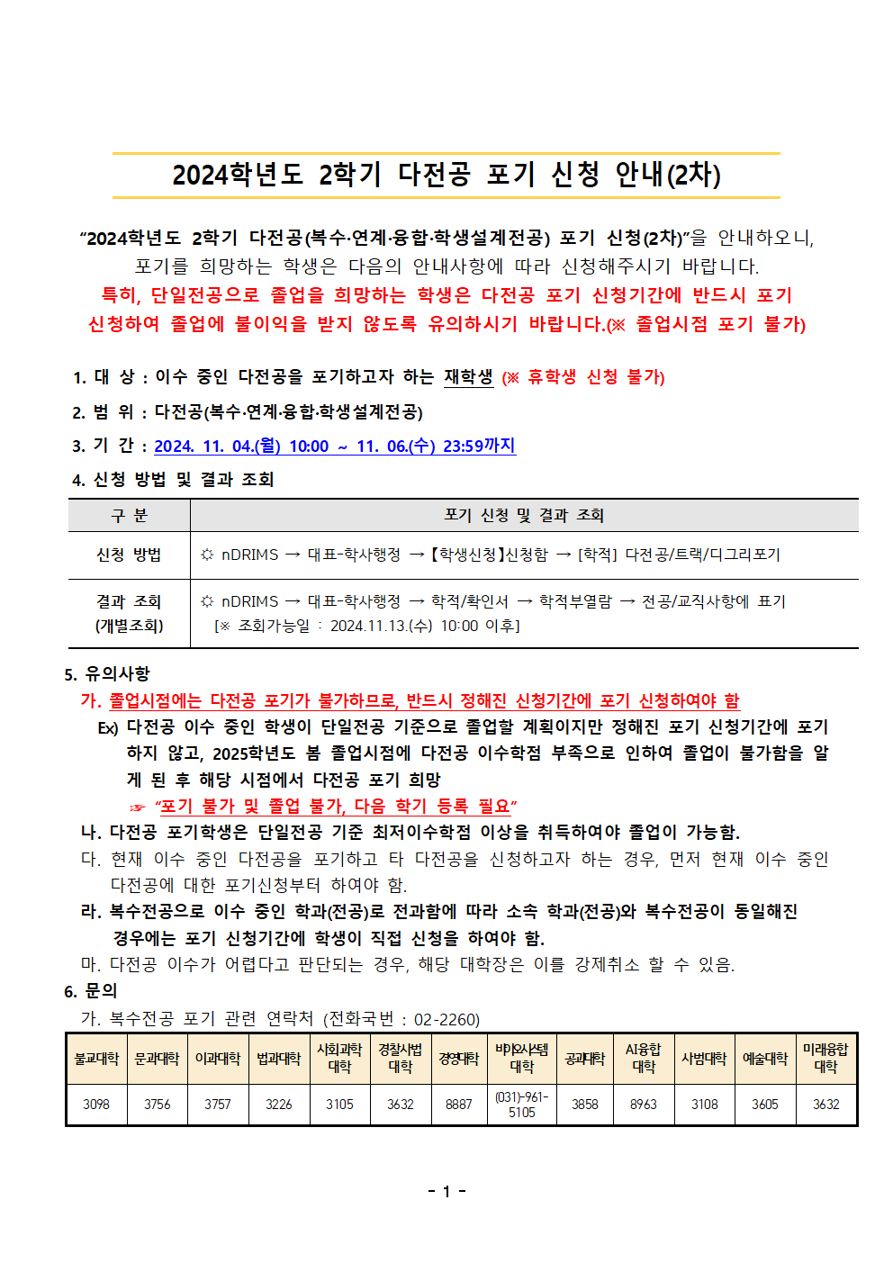 2024학년도 2학기 다전공(복수·연계·융합·학생설계전공) 포기 시행 안내(2차)